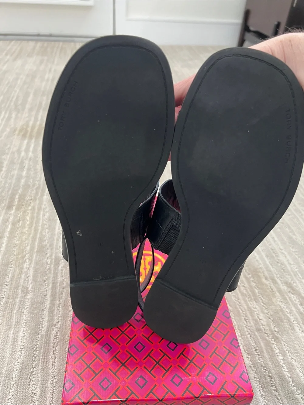 Tory Burch Black Leather Slingback Sandals with Gold Logo Emblem